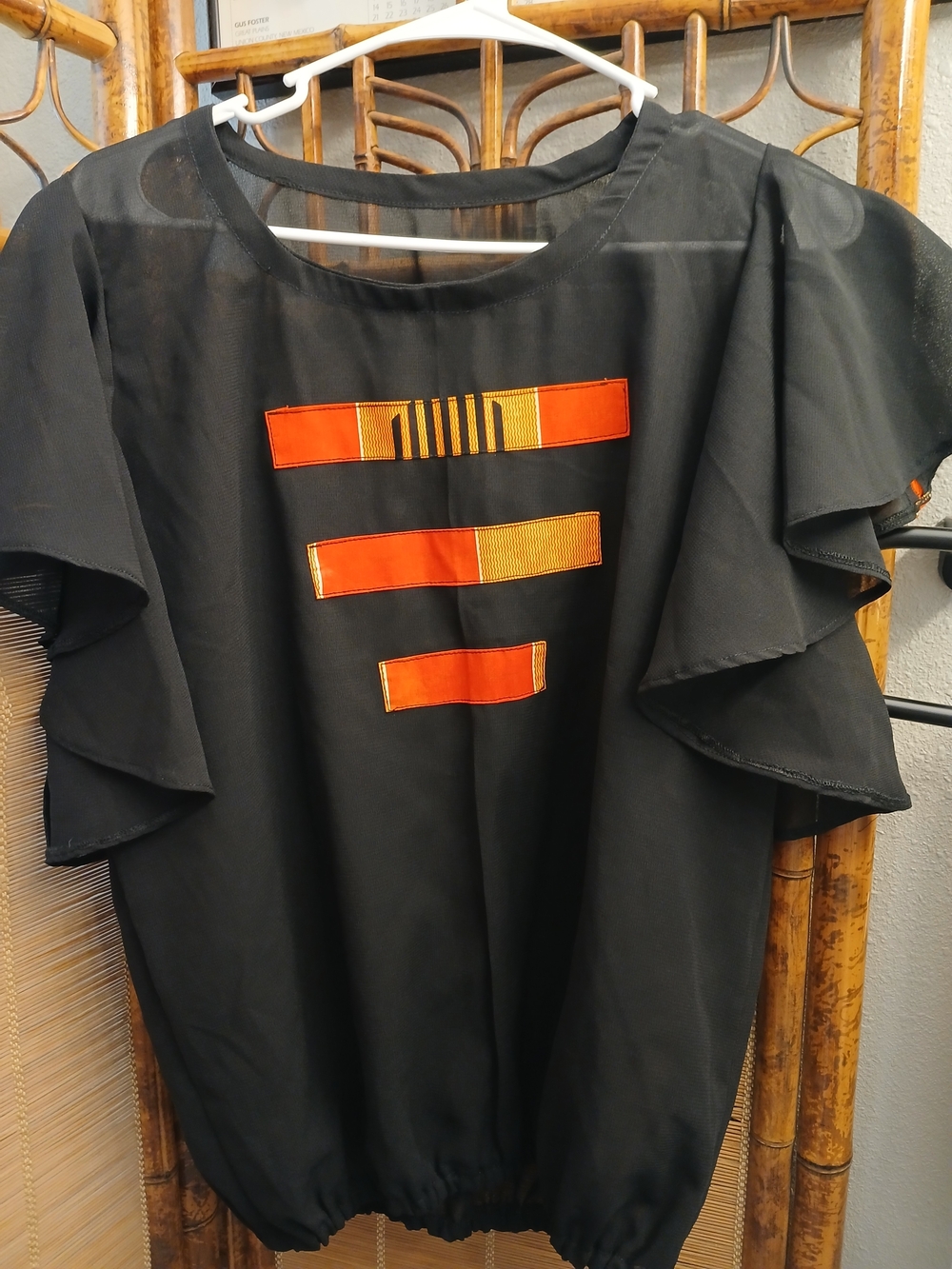 Black Ruffled Sleeve Africana Top with Orange Accents - Women's